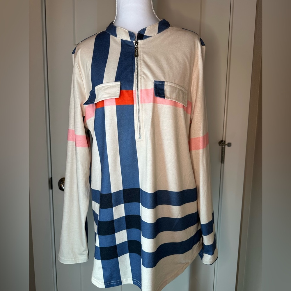 Moyabo Plaid Zip‎ Front Tunic Top Large – Beige Blue Pink Long Sleeve Casual